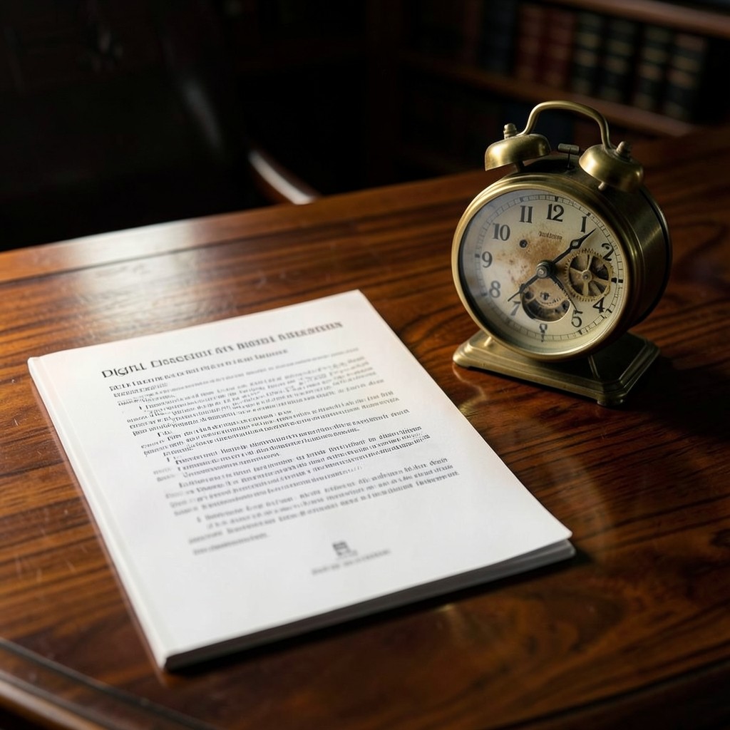 Documento legal sobre desconexión digital junto a reloj de escritorio de latón en despacho abogado