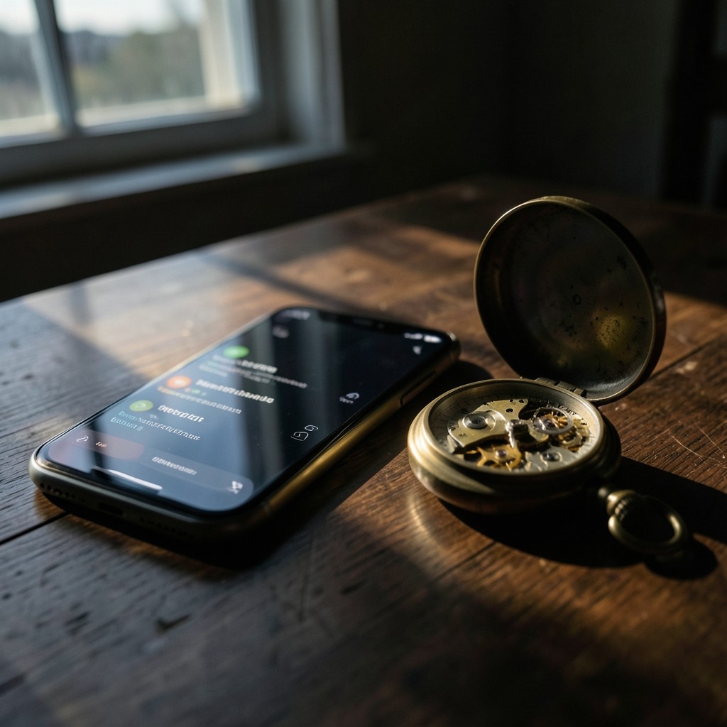 Teléfono móvil con notificaciones junto a reloj de bolsillo antiguo sobre mesa de nogal