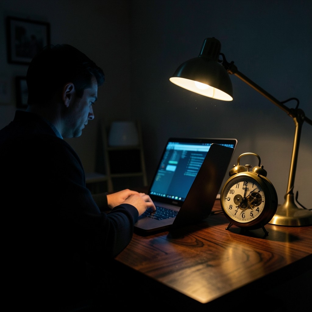 Persona trabajando en casa de noche con lámpara de escritorio y reloj mecánico visible