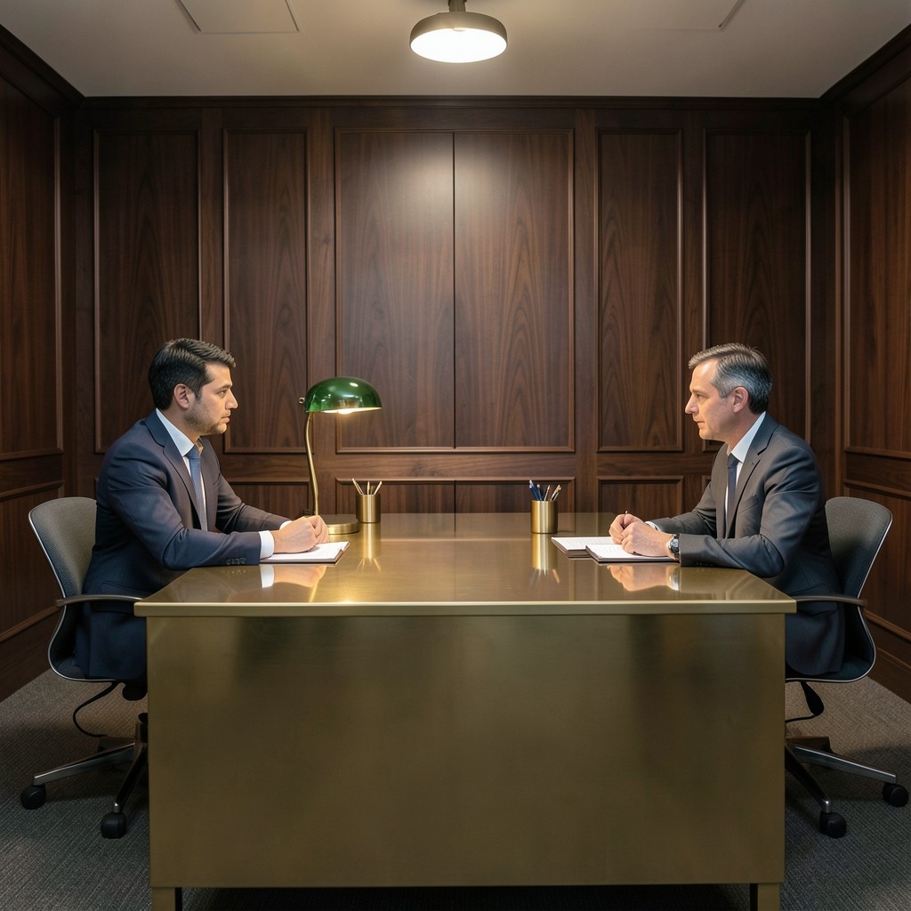 Mediador laboral presidiendo reunión entre representante de empresa y trabajador en despacho sobrio